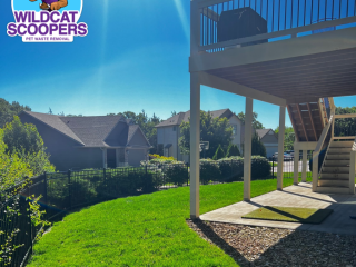 A sunny backyard with a green lawn and a raised wooden deck on the right. A metal fence surrounds the yard, and neighboring houses are visible in the background. The Wildcat Scoopers Pet Waste Removal logo is in the top left corner. A sunny backyard with a green lawn and a raised wooden deck on the right. A metal fence surrounds the yard, and neighboring houses are visible in the background. The Wildcat Scoopers Pet Waste Removal logo is in the top left corner.