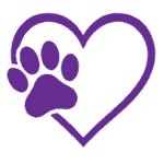 A purple paw print overlapping a purple heart outline.
