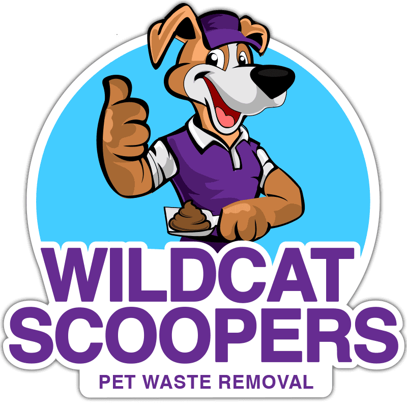 Cartoon dog in a purple uniform and hat gives a thumbs-up while holding a scoop with pet waste. Blue background. Text below reads "WILDCAT SCOOPERS PET WASTE REMOVAL" in bold purple letters.